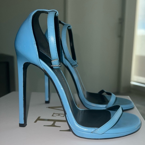Saint Laurent Jane Leather Ankle-Strap Sandals in Sky Blue Size 36 - Picture 1 of 10